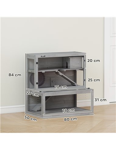 PawHut Wooden Hamster Cage with Hut, Wheel, Ramps, Removable Viewing Panels, 80 x 50 x 84 cm, Grey