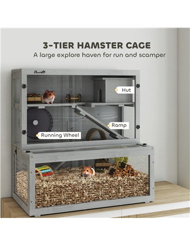 PawHut Wooden Hamster Cage with Hut, Wheel, Ramps, Removable Viewing Panels, 80 x 50 x 84 cm, Grey