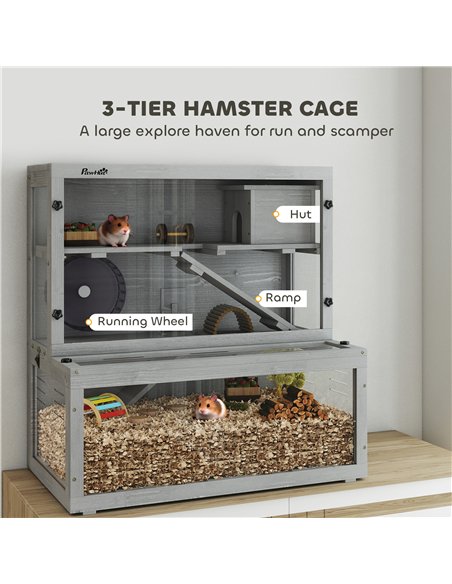 PawHut Wooden Hamster Cage with Hut, Wheel, Ramps, Removable Viewing Panels, 80 x 50 x 84 cm, Grey - pic 195696 | FastDaddyshop
