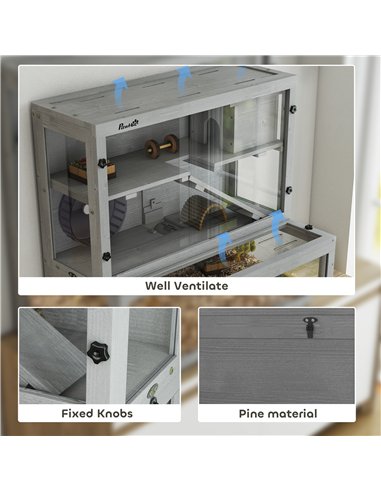 PawHut Wooden Hamster Cage with Hut, Wheel, Ramps, Removable Viewing Panels, 80 x 50 x 84 cm, Grey