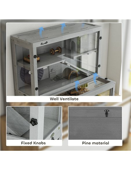 PawHut Wooden Hamster Cage with Hut, Wheel, Ramps, Removable Viewing Panels, 80 x 50 x 84 cm, Grey - pic 195697 | FastDaddyshop