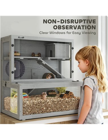 PawHut Wooden Hamster Cage with Hut, Wheel, Ramps, Removable Viewing Panels, 80 x 50 x 84 cm, Grey