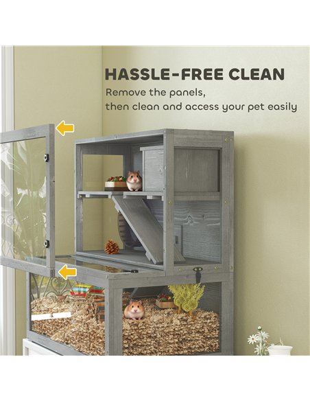 PawHut Wooden Hamster Cage with Hut, Wheel, Ramps, Removable Viewing Panels, 80 x 50 x 84 cm, Grey - pic 195699 | FastDaddyshop