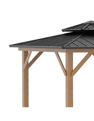 Outsunny 3.5x3.5m Hardtop Gazebo with 2-Tier Roof, Solid Wood Frame, Grey