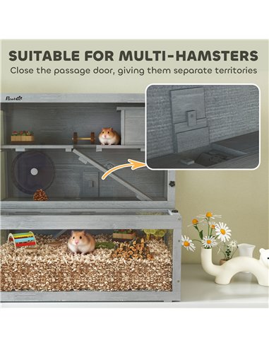 PawHut Wooden Hamster Cage with Hut, Wheel, Ramps, Removable Viewing Panels, 80 x 50 x 84 cm, Grey