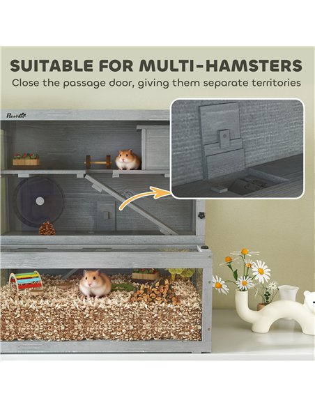 PawHut Wooden Hamster Cage with Hut, Wheel, Ramps, Removable Viewing Panels, 80 x 50 x 84 cm, Grey - pic 195700 | FastDaddyshop