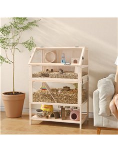 PawHut Wooden Hamster Cage with Detachable Lower Floor, Storage Shelf, Hut, Seesaw, Exercise Wheel, Ramps for Hamster 2