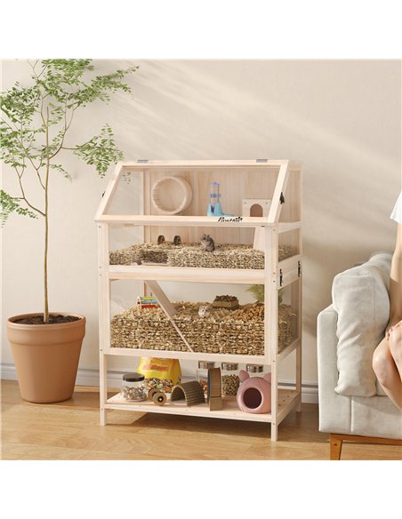 PawHut Wooden Hamster Cage with Detachable Lower Floor, Storage Shelf, Hut, Seesaw, Exercise Wheel, Ramps for Hamster - pic 195703 | FastDaddyshop
