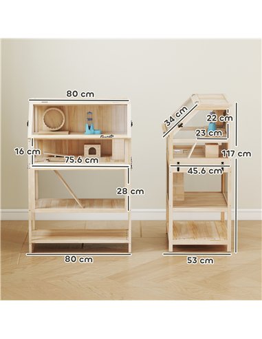 PawHut Wooden Hamster Cage with Detachable Lower Floor, Storage Shelf, Hut, Seesaw, Exercise Wheel, Ramps for Hamster