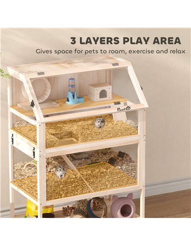 PawHut Wooden Hamster Cage with Detachable Lower Floor, Storage Shelf, Hut, Seesaw, Exercise Wheel, Ramps for Hamster