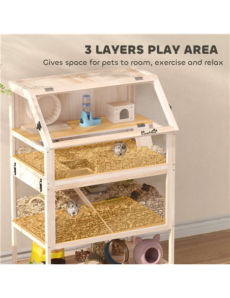 PawHut Wooden Hamster Cage with Detachable Lower Floor, Storage Shelf, Hut, Seesaw, Exercise Wheel, Ramps for Hamster - pic 195705 | FastDaddyshop