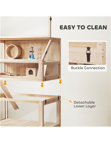PawHut Wooden Hamster Cage with Detachable Lower Floor, Storage Shelf, Hut, Seesaw, Exercise Wheel, Ramps for Hamster