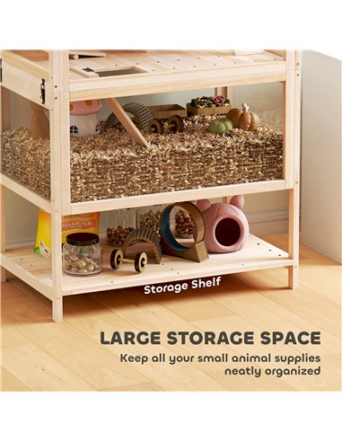 PawHut Wooden Hamster Cage with Detachable Lower Floor, Storage Shelf, Hut, Seesaw, Exercise Wheel, Ramps for Hamster