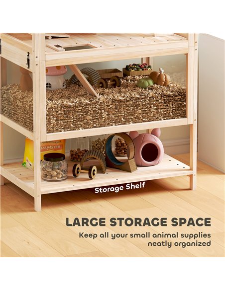 PawHut Wooden Hamster Cage with Detachable Lower Floor, Storage Shelf, Hut, Seesaw, Exercise Wheel, Ramps for Hamster - pic 195707 | FastDaddyshop