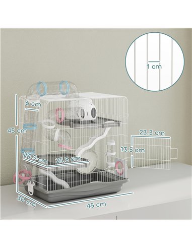 PawHut 3-Tier Hamster Cage with Exercise Wheels, Water Bottle, Food Dish, for Dwarf Hamsters, 45 x 30 x 45 cm, Grey