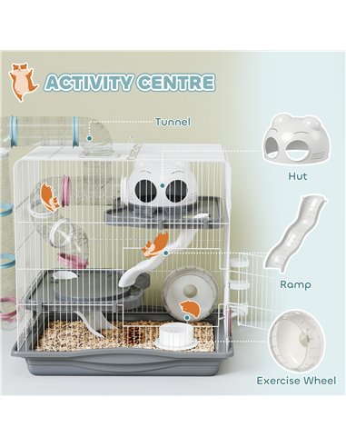 PawHut 3-Tier Hamster Cage with Exercise Wheels, Water Bottle, Food Dish, for Dwarf Hamsters, 45 x 30 x 45 cm, Grey