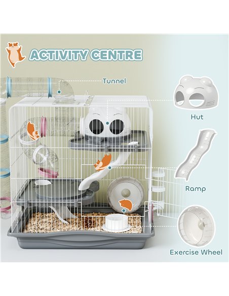 PawHut 3-Tier Hamster Cage with Exercise Wheels, Water Bottle, Food Dish, for Dwarf Hamsters, 45 x 30 x 45 cm, Grey - pic 195715 | FastDaddyshop
