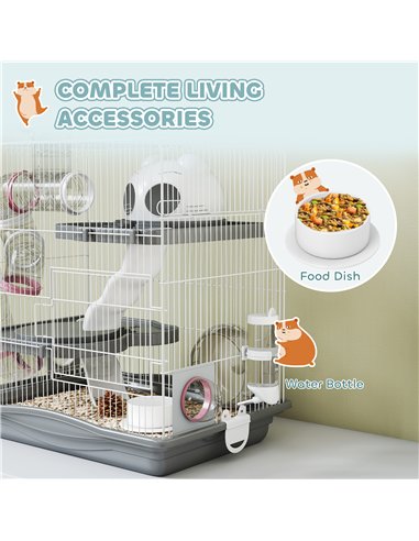 PawHut 3-Tier Hamster Cage with Exercise Wheels, Water Bottle, Food Dish, for Dwarf Hamsters, 45 x 30 x 45 cm, Grey