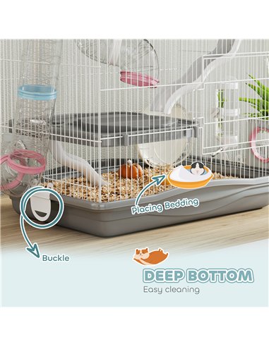 PawHut 3-Tier Hamster Cage with Exercise Wheels, Water Bottle, Food Dish, for Dwarf Hamsters, 45 x 30 x 45 cm, Grey