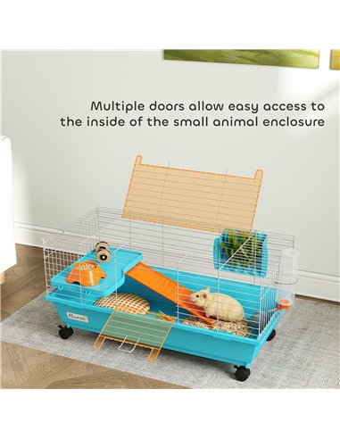 PawHut Small Animal Cage Rabbit Guinea Pigs Chinchillas Cage with Wheels Water Bottle