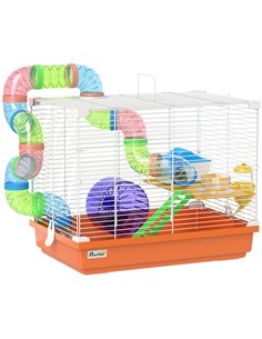 PawHut 2 Tier Hamster Cage, Gerbil Cage with Handle, Exercise Wheels, Tunnel, Water Bottle, Dishes, Ladder, for Dwarf