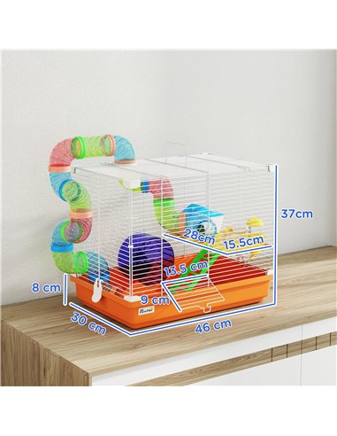 PawHut 2 Tier Hamster Cage, Gerbil Cage with Handle, Exercise Wheels, Tunnel, Water Bottle, Dishes, Ladder, for Dwarf