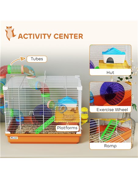 PawHut 2 Tier Hamster Cage, Gerbil Cage with Handle, Exercise Wheels, Tunnel, Water Bottle, Dishes, Ladder, for Dwarf - pic 195741 | FastDaddyshop