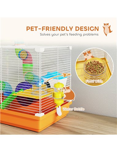 PawHut 2 Tier Hamster Cage, Gerbil Cage with Handle, Exercise Wheels, Tunnel, Water Bottle, Dishes, Ladder, for Dwarf