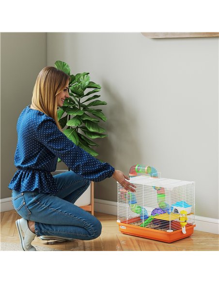 PawHut 2 Tier Hamster Cage, Gerbil Cage with Handle, Exercise Wheels, Tunnel, Water Bottle, Dishes, Ladder, for Dwarf - pic 195746 | FastDaddyshop