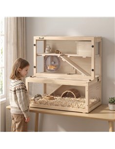 PawHut Wooden Hamster Cage with Hut, Wheel, Ramps, Removable Viewing Panels, 80 x 50 x 84 cm, Natural 2