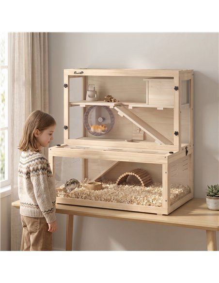 PawHut Wooden Hamster Cage with Hut, Wheel, Ramps, Removable Viewing Panels, 80 x 50 x 84 cm, Natural - pic 195766 | FastDaddyshop