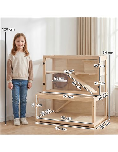 PawHut Wooden Hamster Cage with Hut, Wheel, Ramps, Removable Viewing Panels, 80 x 50 x 84 cm, Natural