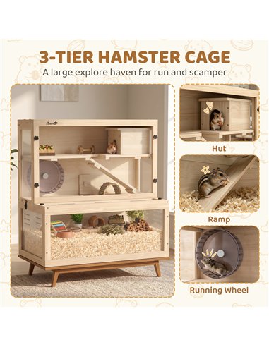 PawHut Wooden Hamster Cage with Hut, Wheel, Ramps, Removable Viewing Panels, 80 x 50 x 84 cm, Natural