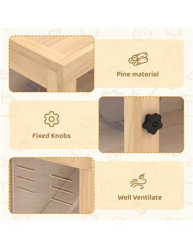 PawHut Wooden Hamster Cage with Hut, Wheel, Ramps, Removable Viewing Panels, 80 x 50 x 84 cm, Natural