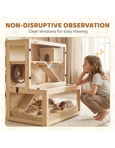 PawHut Wooden Hamster Cage with Hut, Wheel, Ramps, Removable Viewing Panels, 80 x 50 x 84 cm, Natural