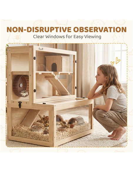 PawHut Wooden Hamster Cage with Hut, Wheel, Ramps, Removable Viewing Panels, 80 x 50 x 84 cm, Natural - pic 195770 | FastDaddyshop
