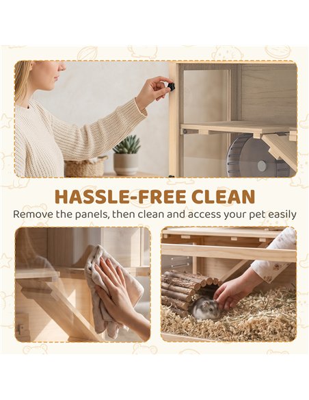 PawHut Wooden Hamster Cage with Hut, Wheel, Ramps, Removable Viewing Panels, 80 x 50 x 84 cm, Natural - pic 195771 | FastDaddyshop