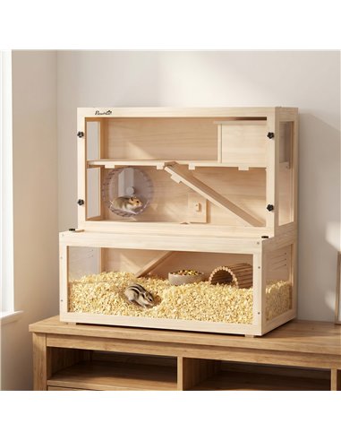 PawHut Wooden Hamster Cage with Hut, Wheel, Ramps, Removable Viewing Panels, 80 x 50 x 84 cm, Natural