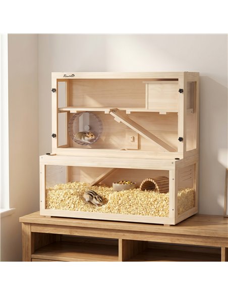 PawHut Wooden Hamster Cage with Hut, Wheel, Ramps, Removable Viewing Panels, 80 x 50 x 84 cm, Natural - pic 195772 | FastDaddyshop