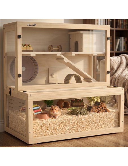 PawHut Wooden Hamster Cage with Hut, Wheel, Ramps, Removable Viewing Panels, 80 x 50 x 84 cm, Natural - pic 195773 | FastDaddyshop