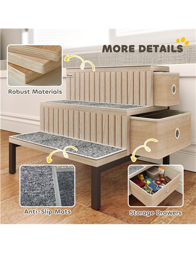 PawHut Dog Stairs with Storage, Non-Slip Cover, Pet Steps for Small Dogs & Older Cats, for Sofa, High Bed, Oak Tone