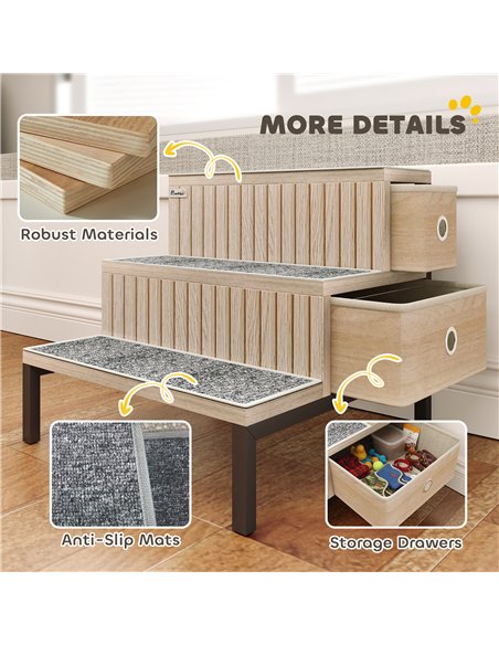 PawHut Dog Stairs with Storage, Non-Slip Cover, Pet Steps for Small Dogs & Older Cats, for Sofa, High Bed, Oak Tone - pic 195843 | FastDaddyshop