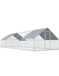 PawHut Chicken Run Galvanised Walk-in Chicken Coop Hen Poultry House Cage Rabbit Hutch with Water-Resist Cover, 3 x 8 x 2m