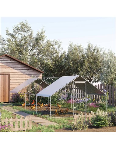 PawHut Chicken Run Galvanised Walk-in Chicken Coop Hen Poultry House Cage Rabbit Hutch with Water-Resist Cover, 3 x 8 x 2m