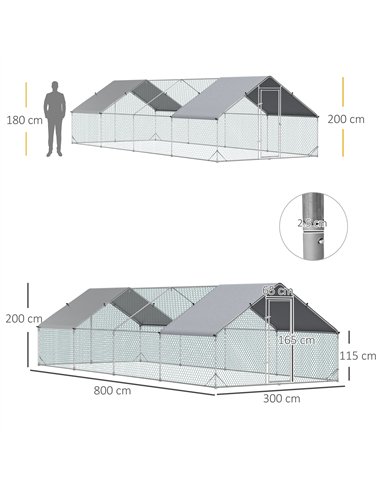 PawHut Chicken Run Galvanised Walk-in Chicken Coop Hen Poultry House Cage Rabbit Hutch with Water-Resist Cover, 3 x 8 x 2m
