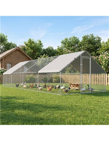 PawHut Chicken Run Galvanised Walk-in Chicken Coop Hen Poultry House Cage Rabbit Hutch with Water-Resist Cover, 3 x 8 x 2m