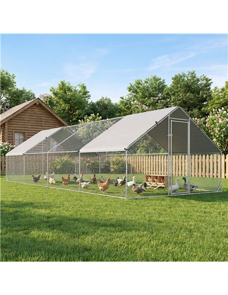 PawHut Chicken Run Galvanised Walk-in Chicken Coop Hen Poultry House Cage Rabbit Hutch with Water-Resist Cover, 3 x 8 x 2m - pic 195925 | FastDaddyshop