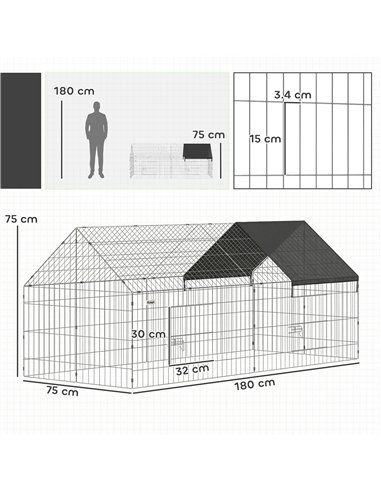 PawHut Rabbit Run with Protective Cover for  Small Animals, Chickens, Guinea Pigs, Tortoises, 180 x 75 x 75 cm, Black