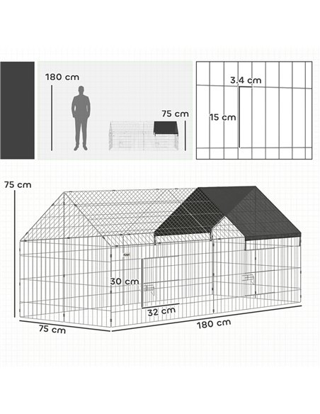PawHut Rabbit Run with Protective Cover for  Small Animals, Chickens, Guinea Pigs, Tortoises, 180 x 75 x 75 cm, Black - pic 195992 | FastDaddyshop
