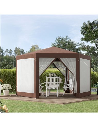 Outsunny Hexagonal Garden Gazebo with Mosquito Netting, Zipped Door, Brown